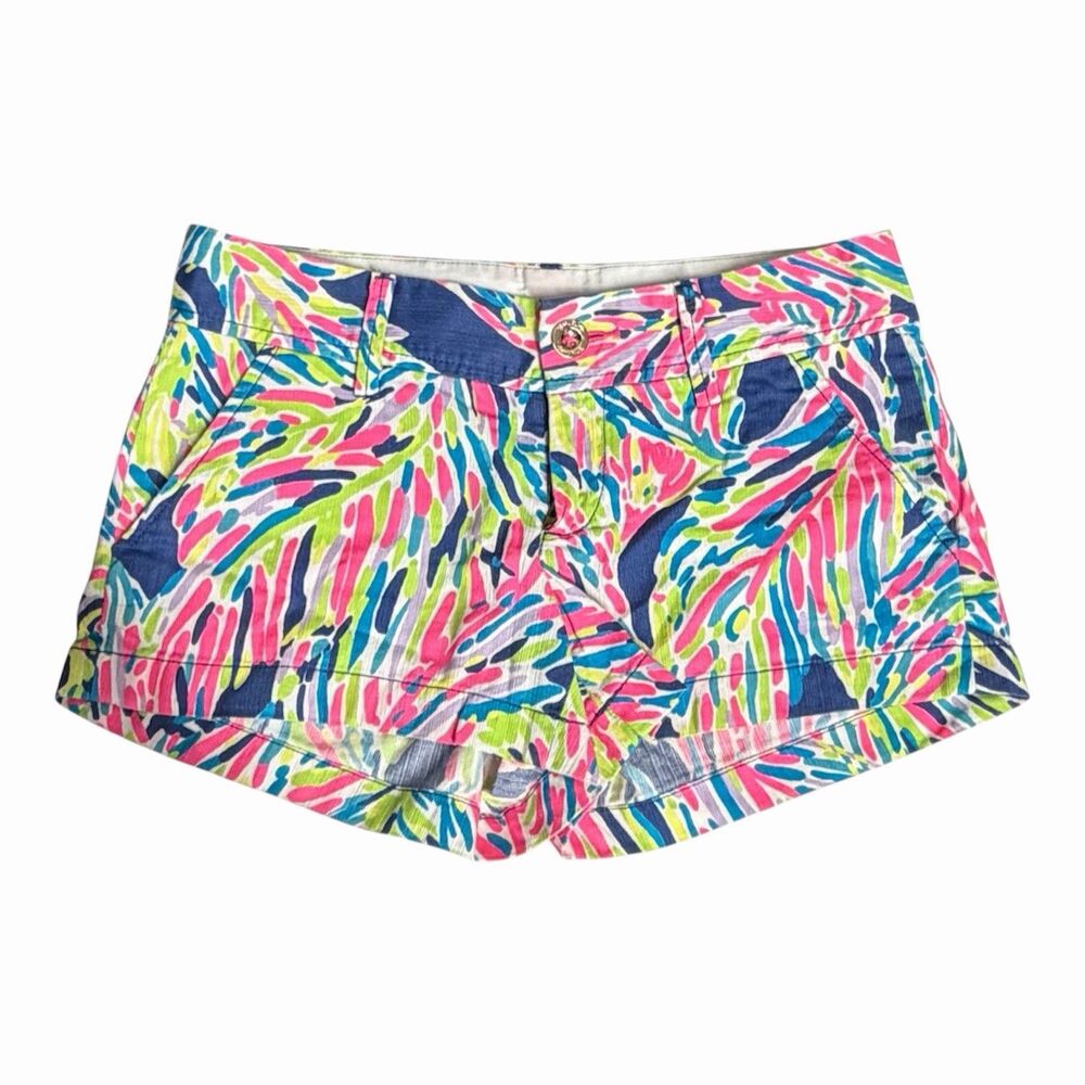 Lilly Pulitzer Walsh Shorts Indigo Palm Reader Tropical Print Pink Blue 00 Neon